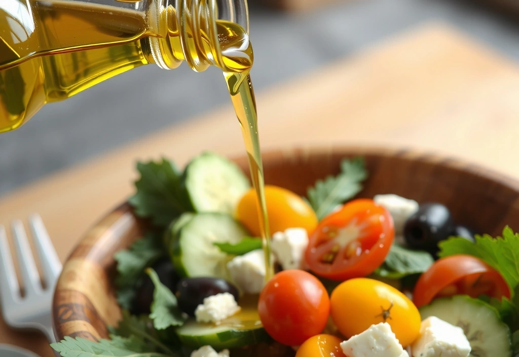Primer plano de una botella de aceite de oliva virgen extra vertiéndose sobre una ensalada fresca de verduras mediterráneas en un cuenco de madera.