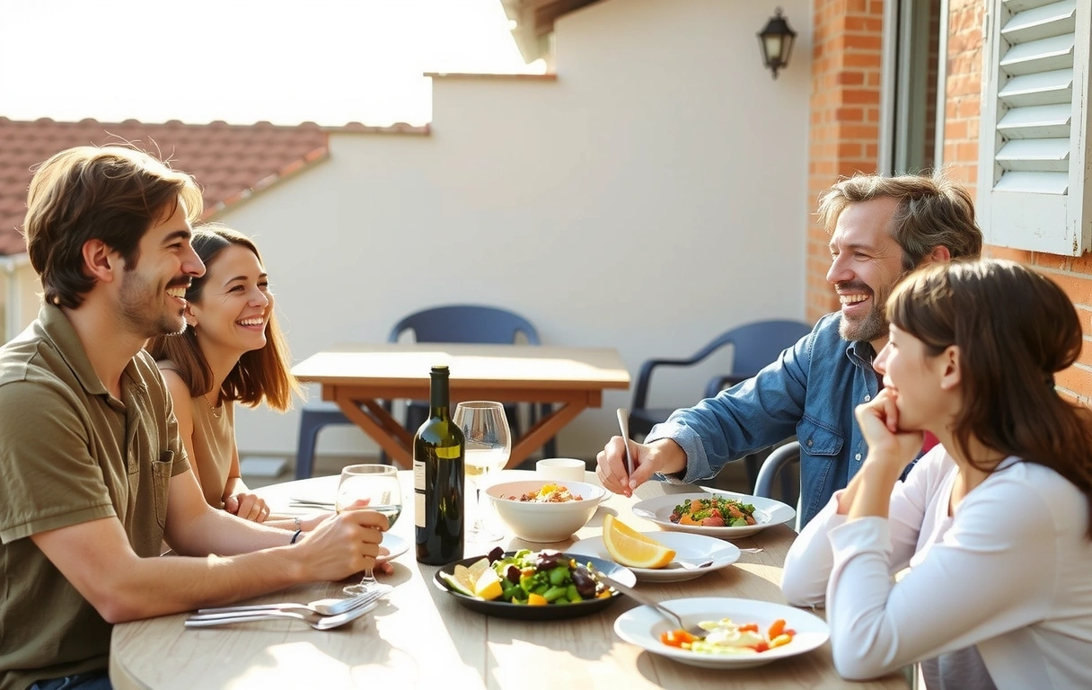 Una familia multigeneracional riendo y compartiendo una comida saludable al aire libre en una terraza mediterránea, con una botella de vino tinto y platos de comida fresca.