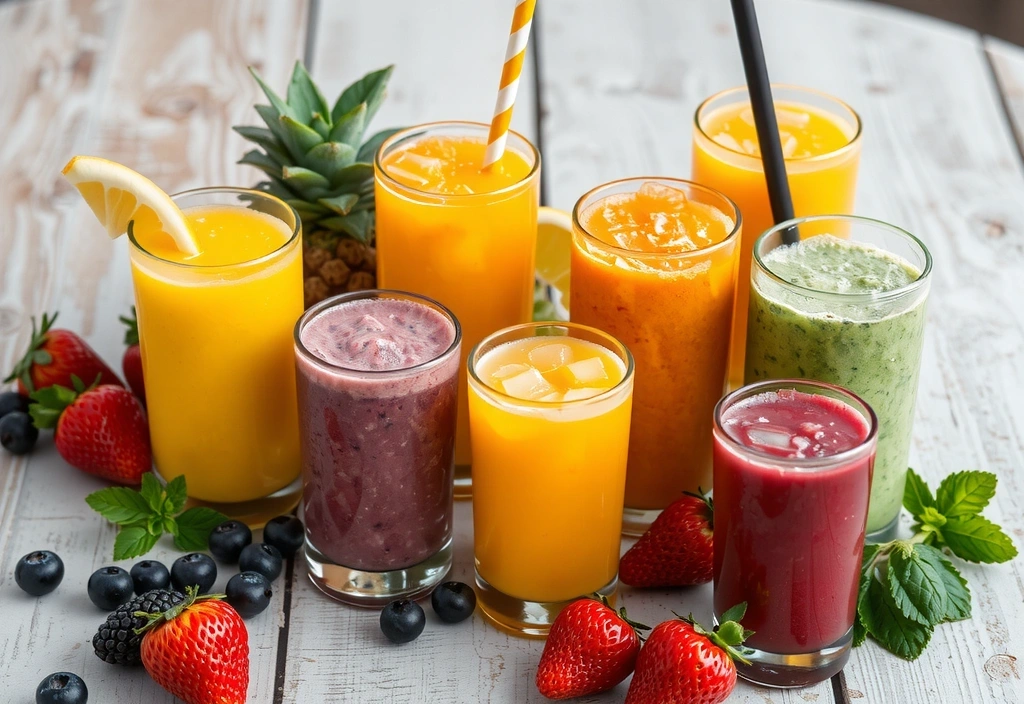 Variedad de batidos de frutas y verduras de colores brillantes en vasos transparentes, frescos y saludables sobre una mesa de madera rústica.
