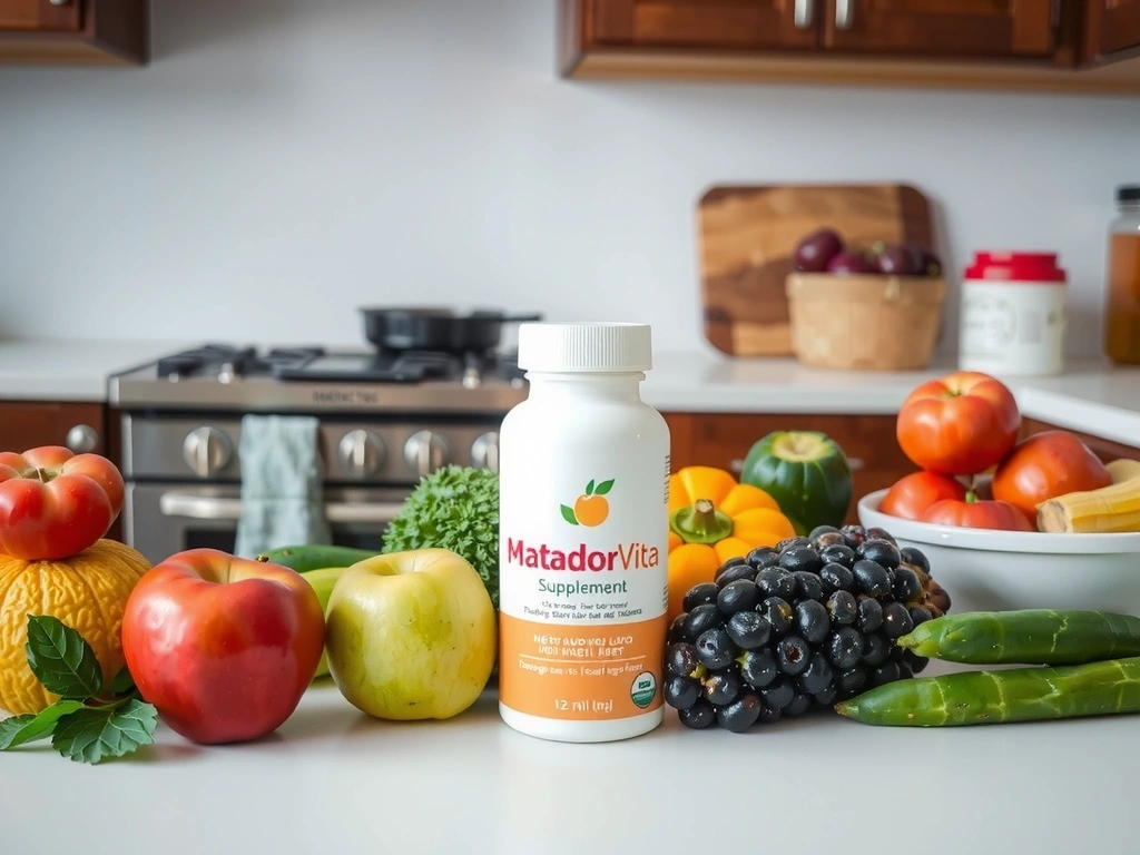 Frasco de MatadorVita sobre una mesa con frutas y verduras